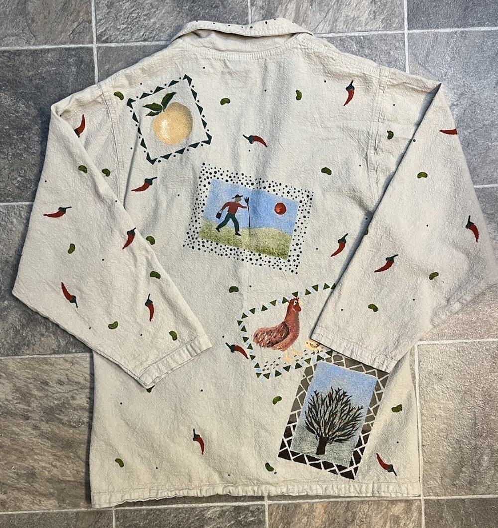 Brie Kriebel Hand Painted Jacket Women XS Folk Art Farm Chicken USA Cotton Veg